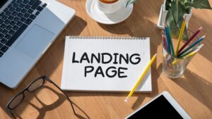 landing page written in a notebook on a cluttered desk