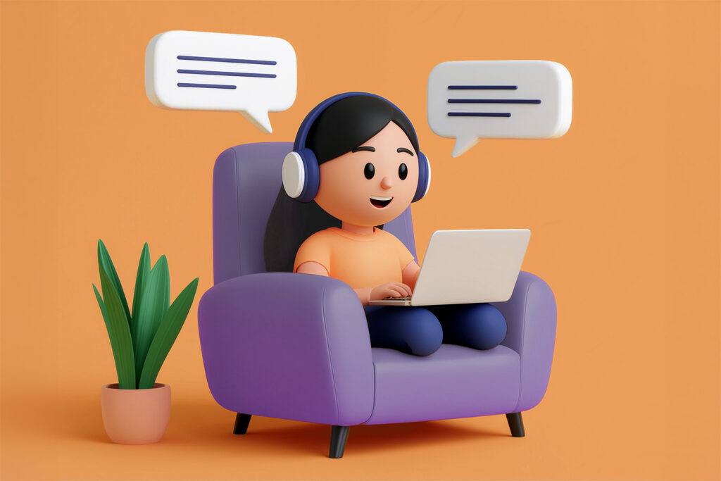 A woman sitting in a chair using an AI chatbot on her laptop