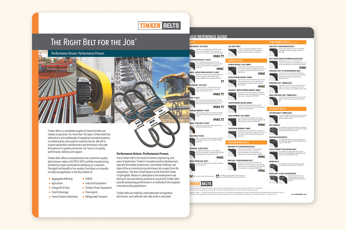 bcsd-5-star-preschool – FSM - Akron Ohio Marketing Agency Two-page flyer for 'TIMKEN BELTS' titled 'THE RIGHT BELT FOR THE JOB'. Includes a 'QUICK REFERENCE GUIDE' table.