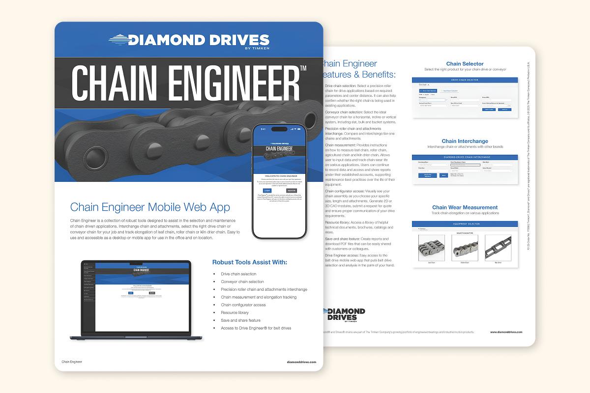 social-post-2 – FSM - Akron Ohio Marketing Agency Flyer for 'CHAIN ENGINEER' app by 'DIAMOND DRIVES'. Features: 'Drive chain selection' and 'Chain Wear Measurement'.