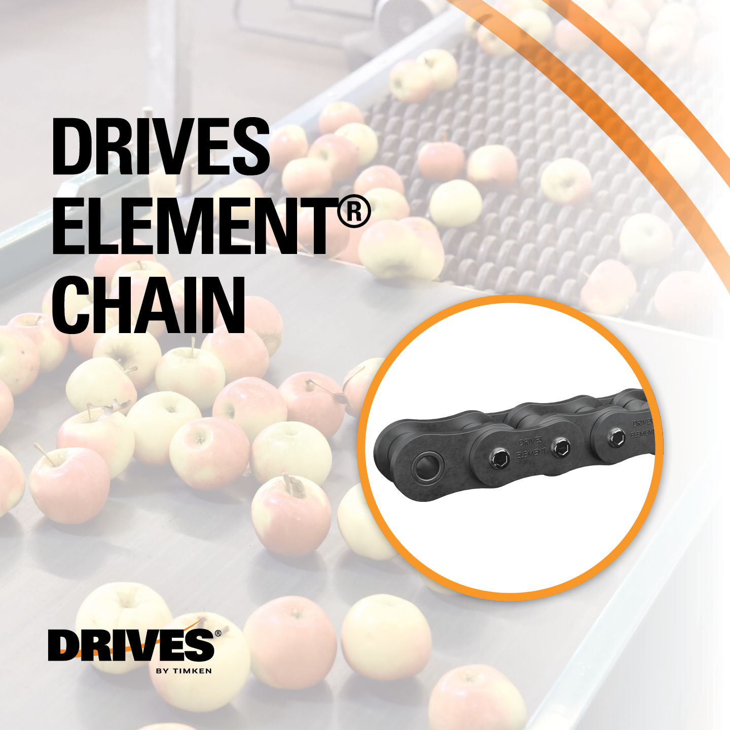 Drives Element® Chain by Timken over a black chain link inset and a background of apples on a conveyor.