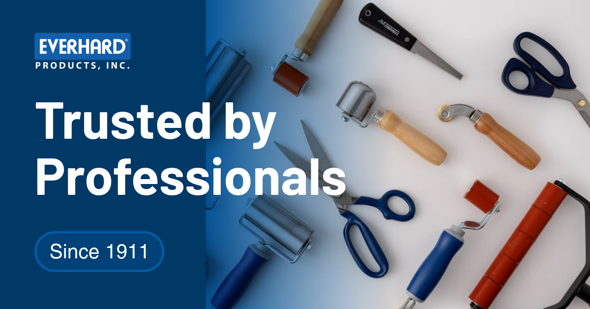 Split view: text "Trusted by Professionals Since 1911" and overhead photo of various rollers and shears.