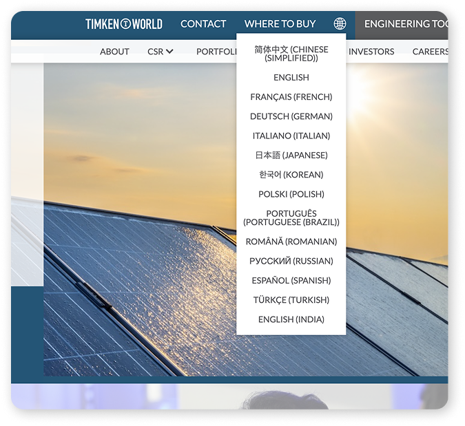 Dropdown menu on 'TIMKEN WORLD' site listing languages: 'CHINESE', 'ENGLISH', 'FRENCH', 'GERMAN', and others.
