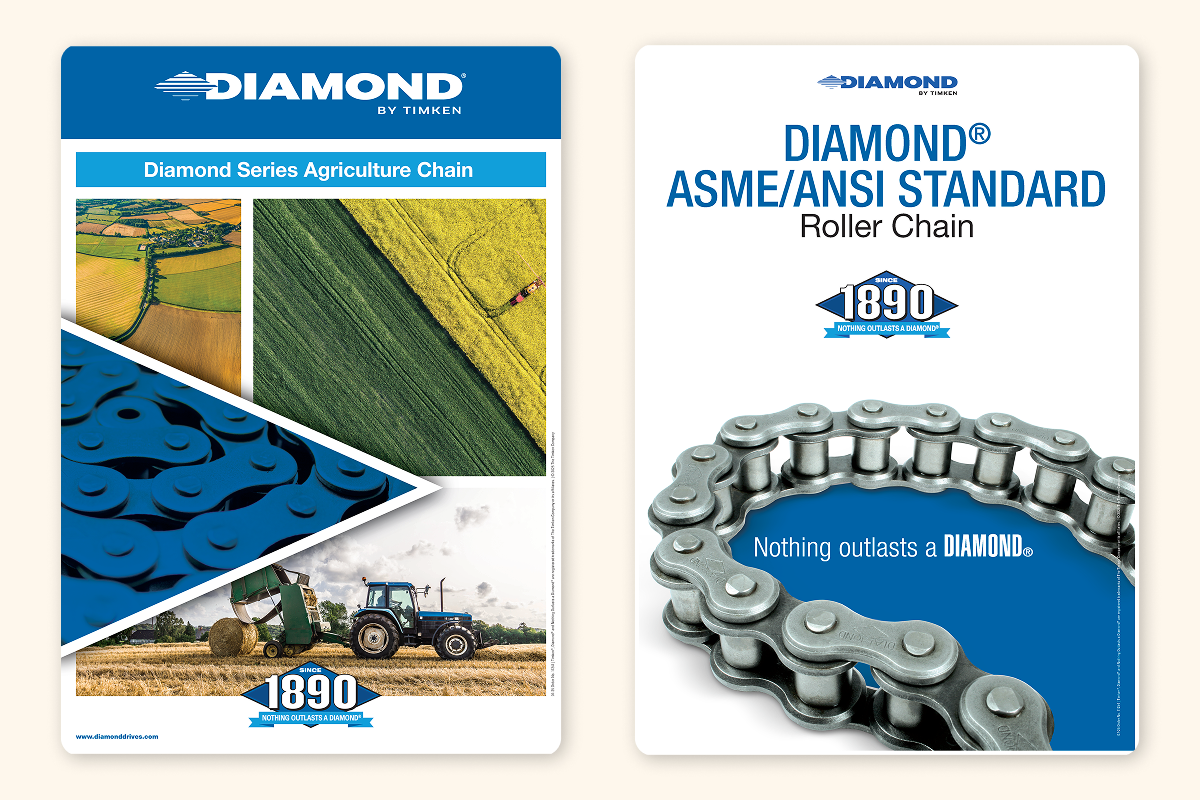 social-post – FSM - Akron Ohio Marketing Agency Posters for 'DIAMOND BY TIMKEN'. Left: 'Diamond Series Agriculture Chain'. Right: 'ASME/ANSI STANDARD Roller Chain'.