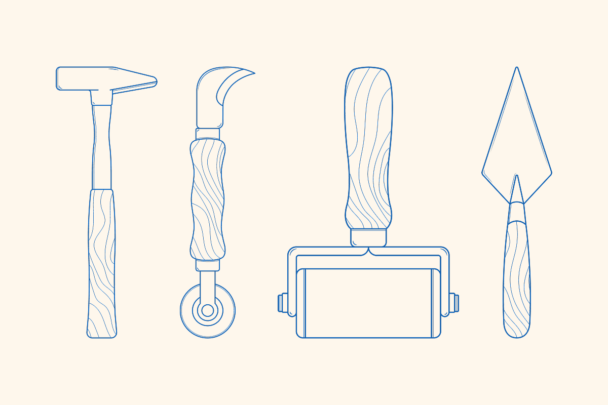 Blue line drawings of a hammer, curved knife, hand roller, and trowel arranged in a row on beige.
