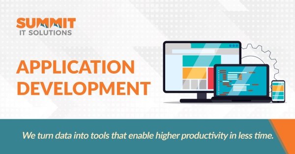 A monitor, laptop, and phone with text reading "Application Development". 