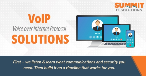 A graphic of a monitor, laptop, and phone with text reading "VoIP Solutions". 