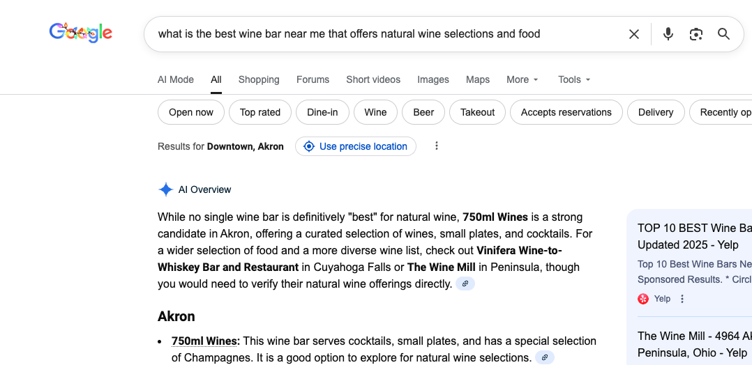 Google AI Overview Screenshot – FSM - Akron Ohio Marketing Agency Google AI Overview result for wine bars near me