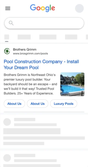 Untitled - September 10 2026 at 082205-1 – FSM – Digital Marketing Agency Mobile Google search results page showing an ad card for a pool construction company with a pool photo, headline 'Pool Construction Company - Install Your Dream Pool', and About Us buttons.