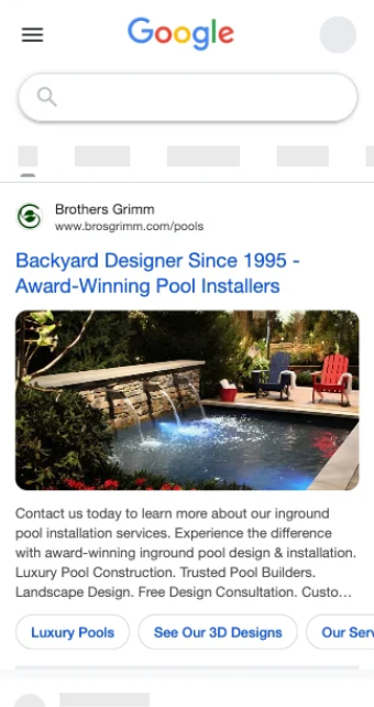 Untitled - September 10 2026 at 082205-2 – FSM – Digital Marketing Agency Ad card for Brothers Grimm pool designers showing a backyard pool with a waterfall and outdoor seating area.