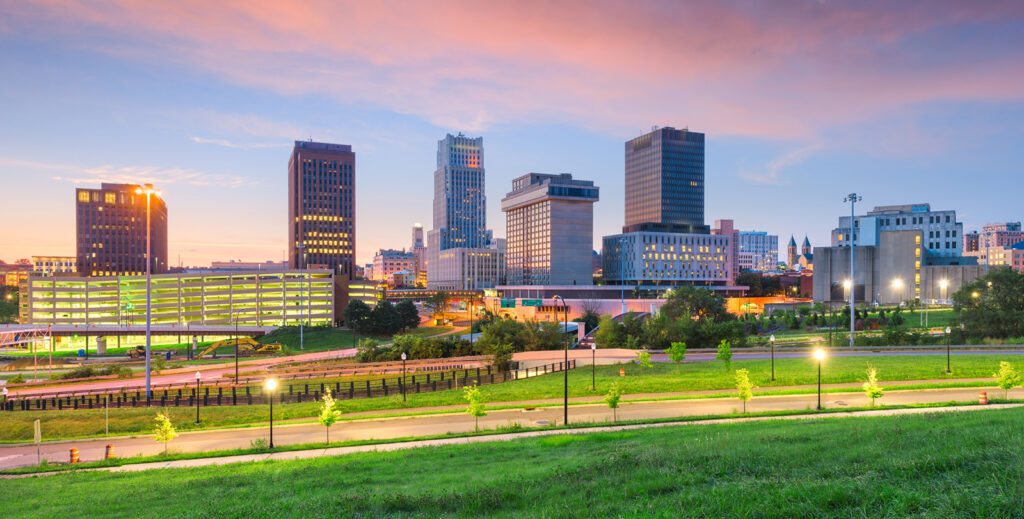 Downtown Akron city skyline at dusk
