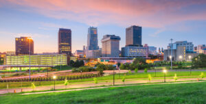 Downtown Akron city skyline at dusk