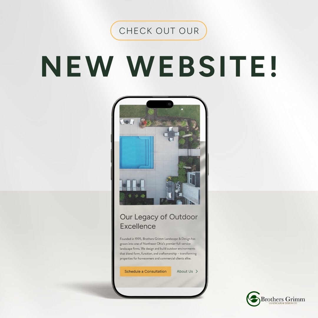 grimm-ig-new-website – FSM – Digital Marketing Agency Promotional graphic announcing a new website; a smartphone screen shows an aerial pool and patio design with a 'Schedule a Consultation' button.