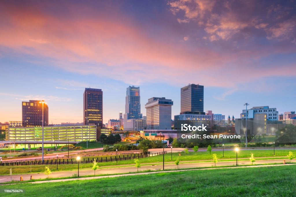 Akron, Ohio, USA downtown skyline at dusk.
