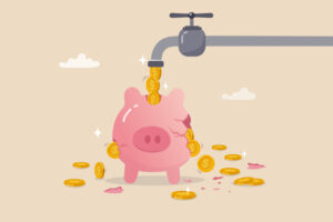 graphic of a broken piggy bank leaking money as it is being refilled